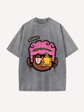 Distressed Washed Cartoon Figure Angel Graphic Print Round Neck T-shirt