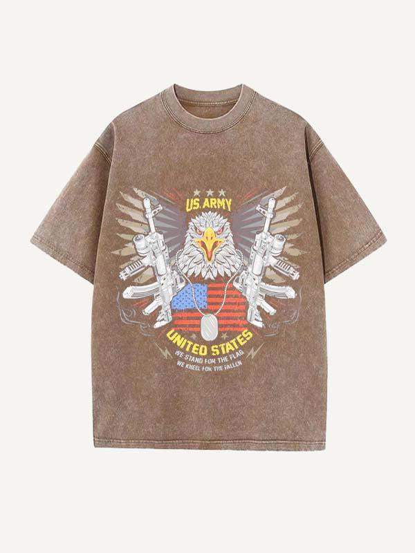 Distressed Washed Us Eagle Graphic Print Round Neck T-shirt