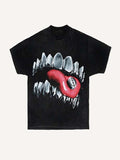 Distressed Washed Teeth&Tongue Print Round Neck T-shirt