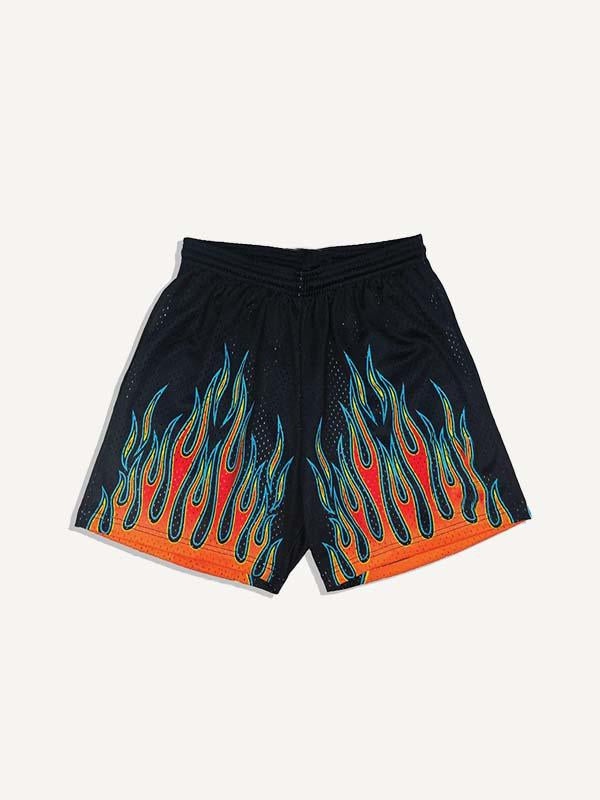 Fire Print Mesh Drawstring Waist Shorts
