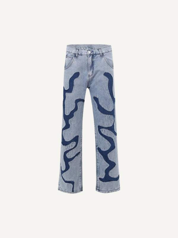 Colorblock Destroy Patchwork Embroidery Straight Jeans