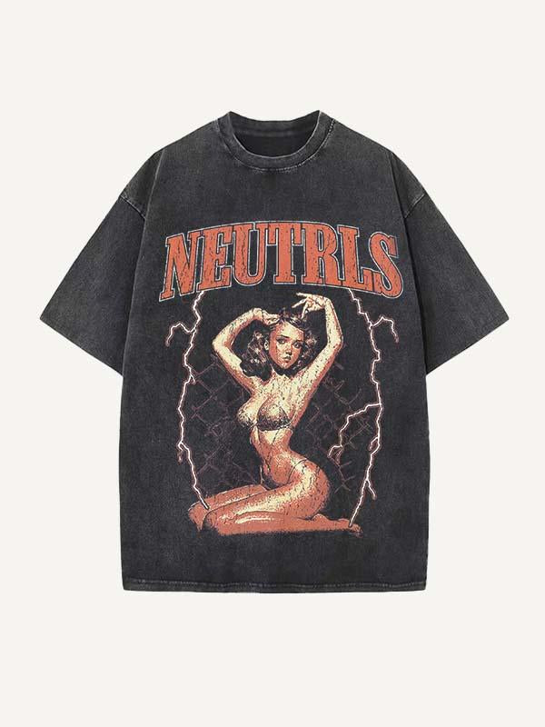 Distressed Washed Figure&Letter Print Round Neck T-shirt