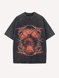 Distressed Washed Figure&Skeleton Graphic Print Round Neck T-shirt