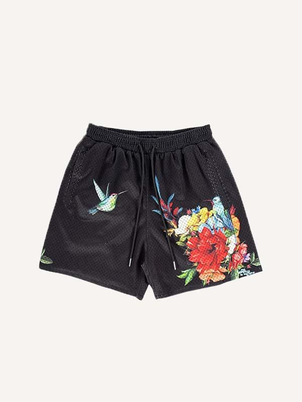 Bird&Floral Print Mesh Drawstring Waist Shorts