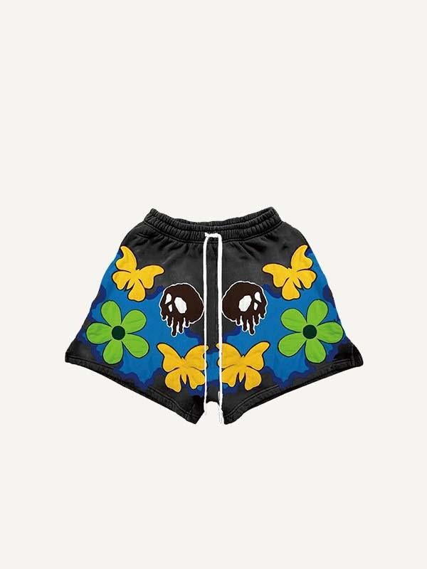 Colorblock Floral&Skull Faux Decal Print Drawstring Waist Shorts