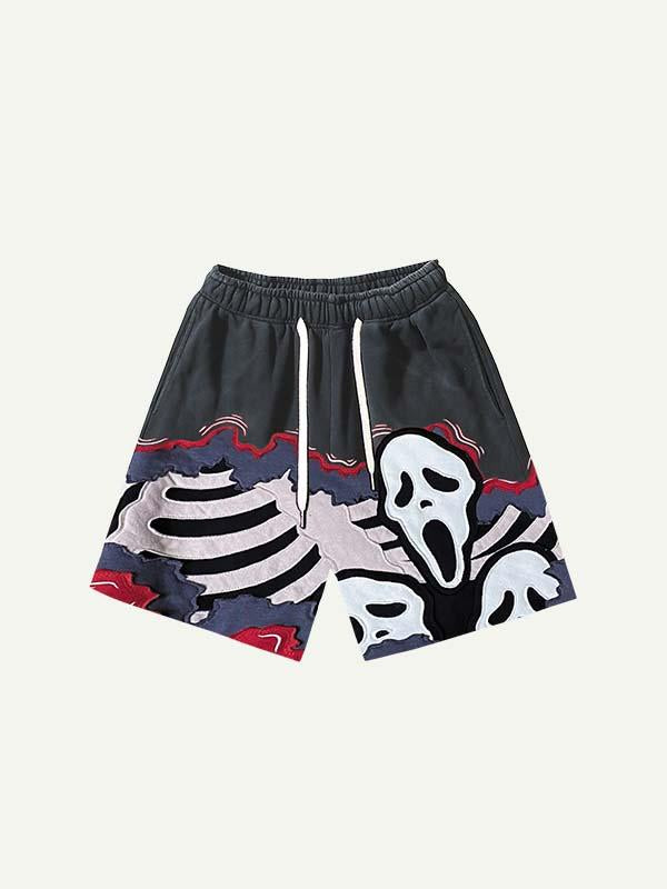Colorblock Skull Faux Decal Print Drawstring Waist Shorts