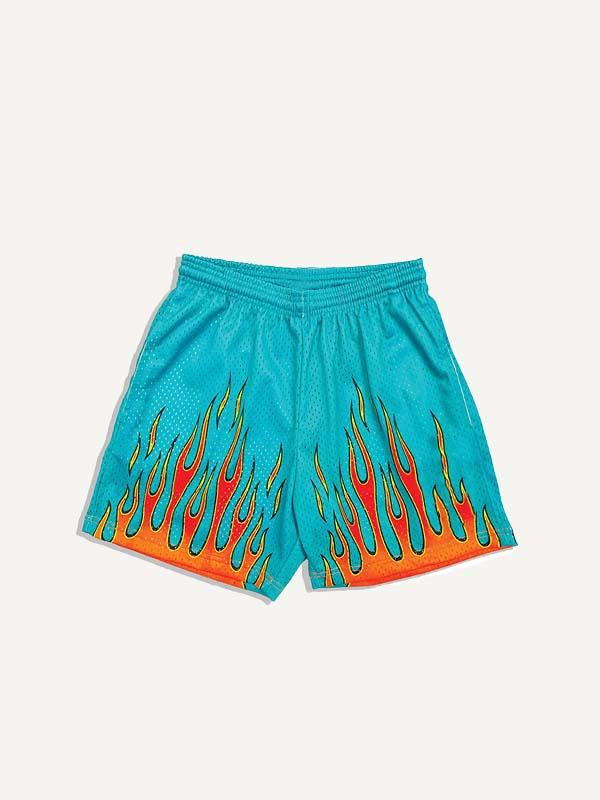Fire Print Mesh Drawstring Waist Shorts
