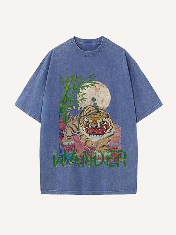 Distressed Washed Tiger&Letter Print Round Neck T-shirt