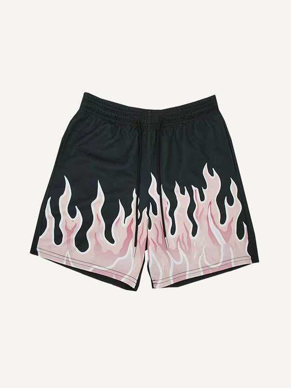 Fire Print Mesh Drawstring Waist Shorts