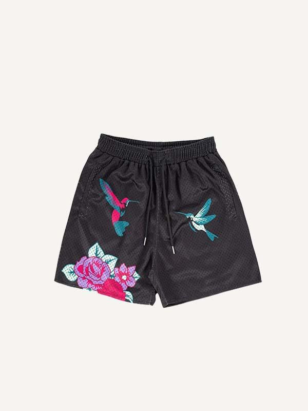 Bird&Floral Print Mesh Drawstring Waist Shorts