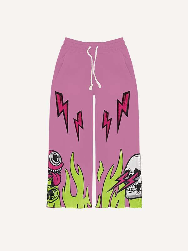 Eyeball&Skull&Star&Tongue&Fire Print Elastic Waist Pants